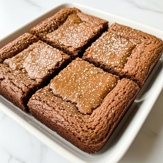 A close-up view of four square brownies arranged neatly in a white rectangular dish, each brownie showing a cracked, glossy golden-brown top with a light dusting of powdered sugar. The brownies have a dense, chewy texture visible at the edges, with uniform thickness, and the dish sits on a white marbled surface. Photo taken with an iphone --ar 4:5 --v 7