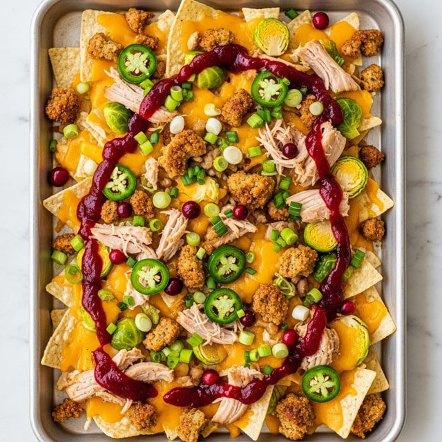 A metal tray filled with one layer of white tortilla chips topped with a melted mix of yellow and orange cheddar cheese, shredded light brown turkey, and scattered green Brussels sprout leaves. Small green jalapeño slices and bright green chopped scallions are spread across the dish. Crumbled brown stuffing pieces are also sprinkled on top. The whole dish is drizzled with red cranberry sauce in uneven streaks. The tray sits on a white marbled textured surface. photo taken with an iphone --ar 4:5 --v 7