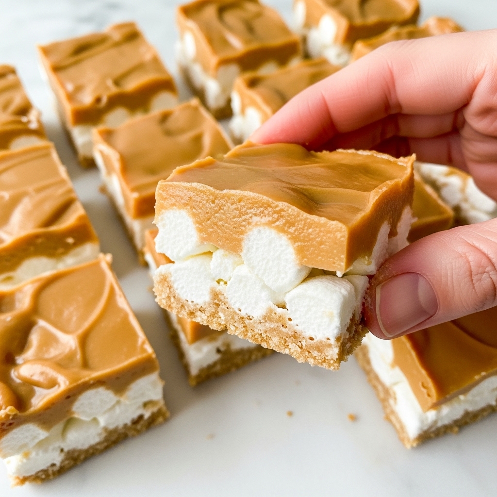 This image shows small square pieces of a dessert with two visible layers. The top layer is thick and smooth, light brown in color, with a glossy, slightly melted texture. Beneath it, a soft white layer made of marshmallow chunks is packed densely, creating a fluffy and airy appearance. One piece is held up close by a woman's hand, showing the contrast between the creamy brown top and the soft, white marshmallow layer underneath. The squares are arranged on a white marbled surface, all very close together, highlighting their uneven but inviting texture. photo taken with an iphone --ar 4:5 --v 7