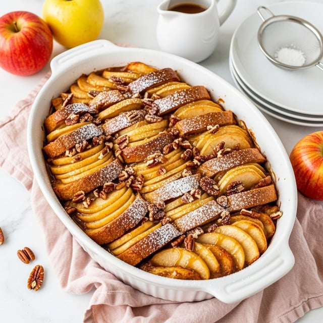 A white oval baking dish filled with a layered apple and bread pudding. The pudding has multiple layers of golden-brown toasted bread soaked in a rich caramel-like sauce, with visible slices of soft baked apples arranged in overlapping rows. Pecans are scattered evenly on top, adding texture, and a light dusting of powdered sugar finishes the glossy surface. The dish sits on a white marbled surface with a soft pink cloth underneath. Nearby, there are fresh red and yellow apples, a small white pitcher of sauce, a stack of white plates, and a fine mesh sieve on a white plate. Photo taken with an iphone --ar 4:5 --v 7