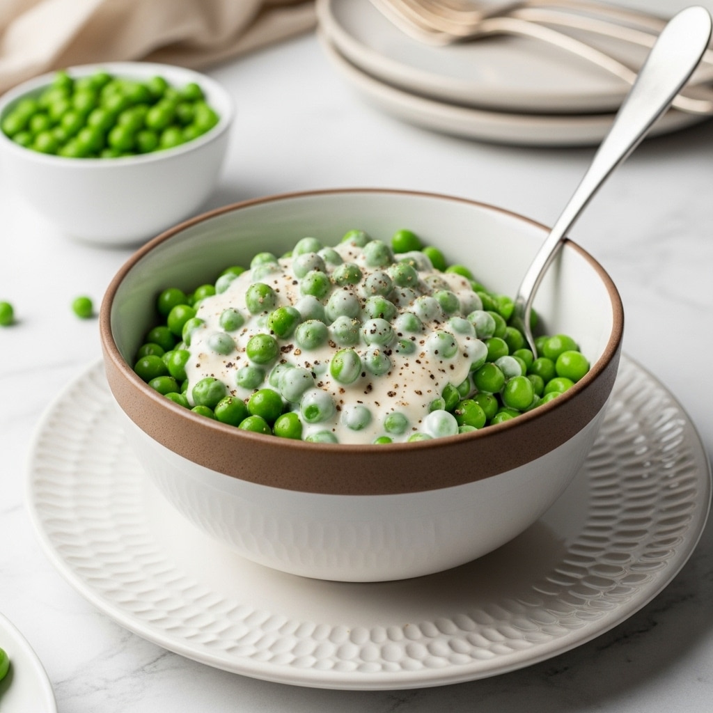 A bowl filled with bright green peas covered in a thick, creamy white sauce speckled with black pepper, the peas are round and shiny with the sauce clinging tightly around them; the bowl is white with a brown textured upper band and sits on a white marbled surface with a shallow textured white plate underneath. A large silver spoon rests inside the bowl on the right side, slightly scooping the peas and sauce. In the background, there is a smaller white bowl filled with plain green peas and blurred beige and white dishes with silver forks. The overall look is fresh and simple, focusing on the creamy pea dish. photo taken with an iphone --ar 4:5 --v 7