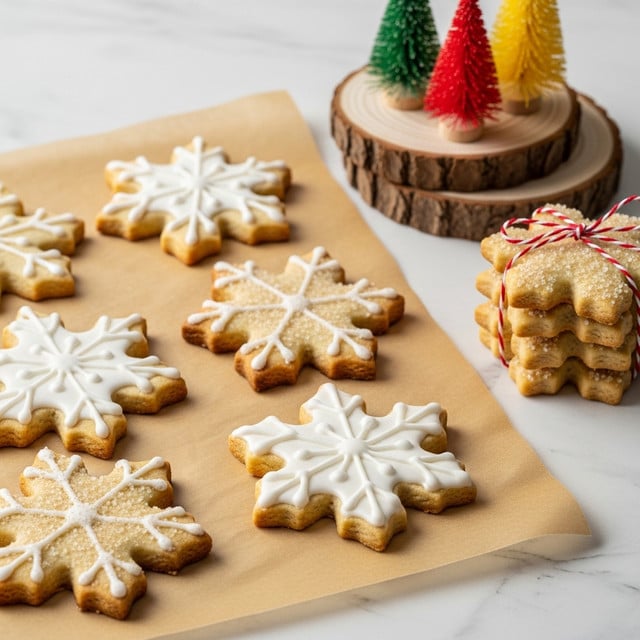 The image shows several snowflake-shaped cookies placed on a sheet of brown parchment paper over a white marbled surface. The cookies have a golden-brown color with slightly darker edges. Some of the cookies are decorated with white icing in a snowflake pattern, creating a smooth and glossy texture on top. Other cookies have a sparkling coarse sugar topping that adds a glittery effect. On the right side, a stack of cookies tied with red and white twine is visible, while in the background, small green, red, and yellow miniature Christmas trees sit on two round, stacked wooden slices adding a festive touch. photo taken with an iphone --ar 4:5 --v 7
