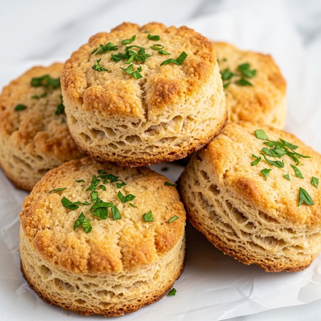 The image shows a close-up of four golden brown, crispy round biscuits with a rough, crumbly texture. Each biscuit is topped with small bright green pieces of chopped herbs, evenly scattered on the surface. The biscuits are stacked and resting on white parchment paper against a white marbled background. The biscuits have a crunchy and flaky look with some uneven edges, showing layers of baked dough. photo taken with an iphone --ar 4:5 --v 7
