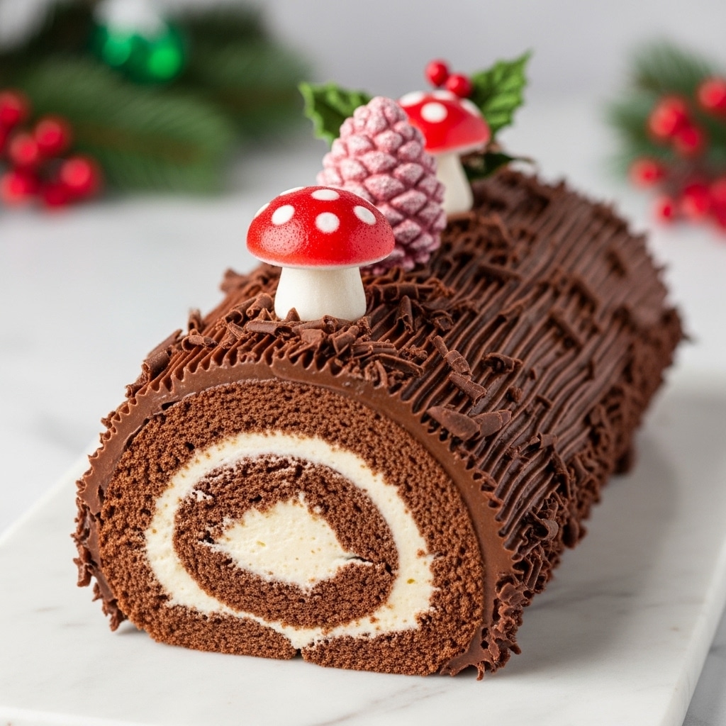 The image shows a chocolate roll cake on a white marbled surface, decorated to look like a log. The cake has two main layers—a dark brown chocolate sponge layer rolled around a creamy off-white filling, creating a spiral pattern visible from the cut end. The outside is covered with chocolate frosting textured to look like bark with ridges running lengthwise, topped with chocolate shavings for roughness. On top of the cake are small decorations, including a shiny red and white mushroom-shaped candy and a pink pine cone, with blurred green and red holiday decor in the background. Photo taken with an iphone --ar 4:5 --v 7