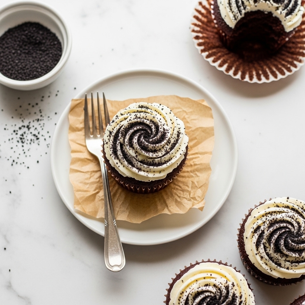 A single cupcake sits on a small white plate lined with crumpled light brown parchment paper, topped with white frosting sprinkled evenly with fine black crumbs in a rose swirl pattern, with a silver fork resting beside it on the plate. Around the plate, the white marbled surface holds a small white bowl filled with tiny black crumbs on the left and two more cupcakes with the same white frosting and black crumbs in brown parchment liners on the lower right. A partially eaten cupcake with dark brown cake crumbs on parchment paper is seen in the upper right corner. Photo taken with an iphone --ar 4:5 --v 7