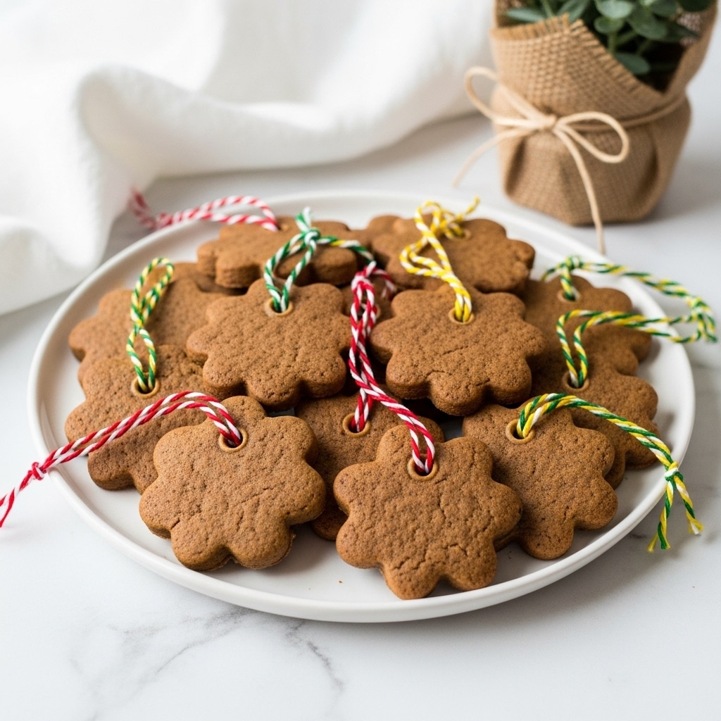 A white plate holds a pile of brown gingerbread or spice cookies, each shaped differently, including flower and star-like forms. They have a rough texture and small holes near the top where twisted strings of red and white, green and white, or yellow and white are threaded, giving a festive look. The plate sits on a white marbled surface with a soft white cloth and a burlap-wrapped small plant in the background. photo taken with an iphone --ar 4:5 --v 7