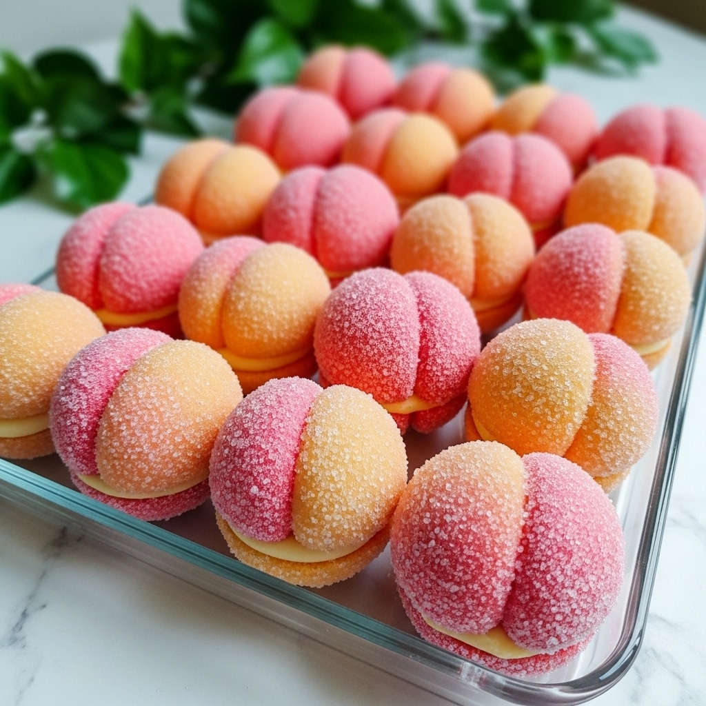 The image shows a glass tray filled with rows of peach-shaped desserts. Each dessert has two soft, round halves with a gradient color from light pink to light orange, covered with granulated sugar that gives a frosted texture. The halves are sandwiched together with a visible light cream filling in the middle layer. The glass tray sits on a white marbled surface, with some green leaves blurred in the background, creating a fresh and delicate look. photo taken with an iphone --ar 4:5 --v 7