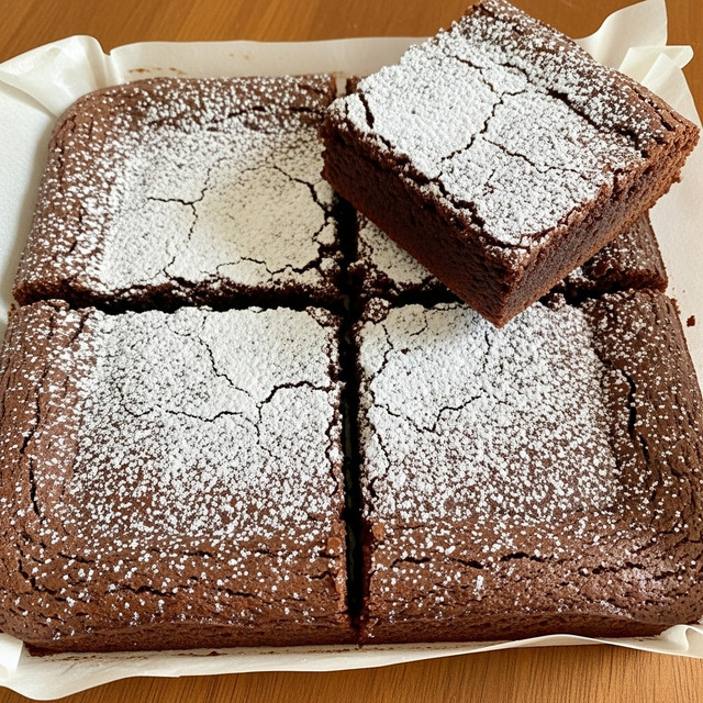 A square baking pan filled with four large, thick brownie pieces arranged in a 2x2 grid on a wooden table; each brownie has a dark brown, cracked surface lightly dusted with powdered sugar, creating a soft white speckled texture on top. One brownie piece is tilted up diagonally, showing a dense, moist inner texture with a rich dark brown color inside. The edges of the brownies are slightly raised and cracked, adding rough texture contrast to the smooth powdered sugar surface. photo taken with an iphone --ar 4:5 --v 7