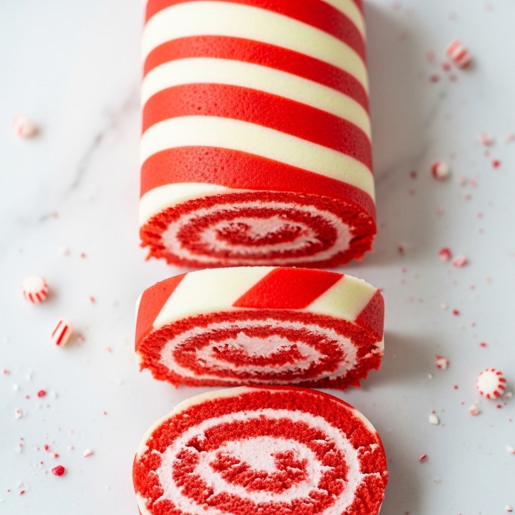 A red and white striped rolled cake with three round slices cut and laid flat showing a spiral pattern inside. The spiral has red cake layers intertwined with light pink cream filling, and the outside of the roll is striped with smooth red and white cake layers. Small crushed peppermint pieces are scattered around on a white marbled surface. The texture of the cake looks soft and spongy, and the cream looks smooth and thick. photo taken with an iphone --ar 4:5 --v 7