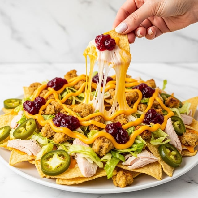 A white plate holds a loaded nacho dish with multiple layers, showing a base of beige tortilla chips topped with light green sliced jalapeños and scattered pieces of shredded pale turkey. Crumbled golden brown stuffing and shredded green lettuce are evenly spread over the chips. Bright yellow melted cheese is draped over the top in thick, stretchy strands, with dollops of dark red cranberry sauce adding vibrant contrast across the dish. A woman's hand with a shiny, light nail polish holds one chip lifted above the plate, pulling the cheese into long strings. The background is a white marbled texture. photo taken with an iphone --ar 4:5 --v 7