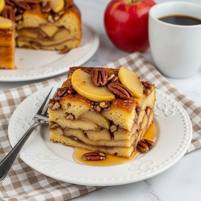 A slice of bread pudding is on a white plate with floral raised dots along the edge. The pudding has several layers of thick, golden-brown baked bread soaked in syrup, with soft caramelized apple slices and whole pecans spread evenly on top and inside. The syrup glistens over the top and pools around the base, creating a shiny, sticky look. A silver fork rests on the left side of the plate. In the background, another plate with a similar pudding piece, a red apple, and a white cup of black coffee sit on a light brown checkered cloth on a white marbled surface. photo taken with an iphone --ar 4:5 --v 7