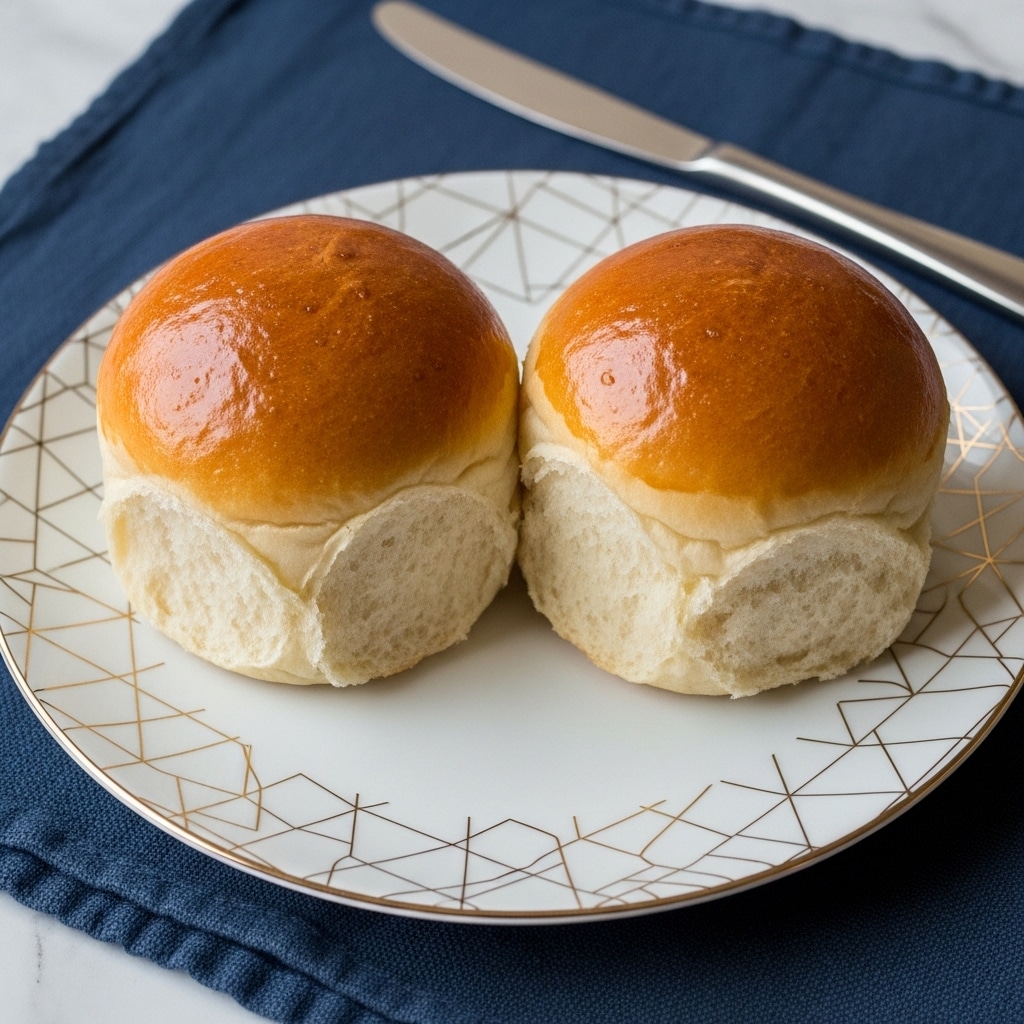 Two soft, shiny bread rolls sit on a white plate with a gold geometric pattern. Each roll has one layer: a light golden brown top with a smooth, glossy texture, and a soft, fluffy off-white bottom with a slightly torn edge showing the bread's airy inside. The plate rests on a dark blue fabric with subtle texture, placed on a white marbled surface. A silver knife with a rounded handle lies near the plate. Photo taken with an iphone --ar 4:5 --v 7