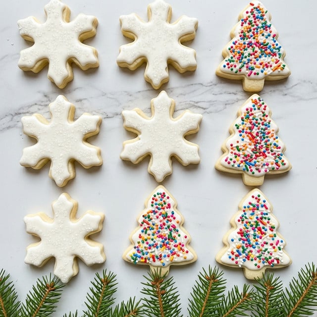The image shows an arrangement of Christmas-themed sugar cookies placed on a white marbled surface. There are two shapes: snowflakes and Christmas trees. The snowflake cookies have a single thick layer of light beige dough with a smooth white icing layer on top that covers most of the surface; they are sprinkled lightly with coarse white sugar crystals. The Christmas tree cookies have the same beige dough base, a white icing layer fully covering the entire surface, and are decorated with scattered bright multicolored sprinkles that give a textured look. The cookies are arranged in rows with some green pine branches placed at the bottom for decoration. Photo taken with an iphone --ar 4:5 --v 7