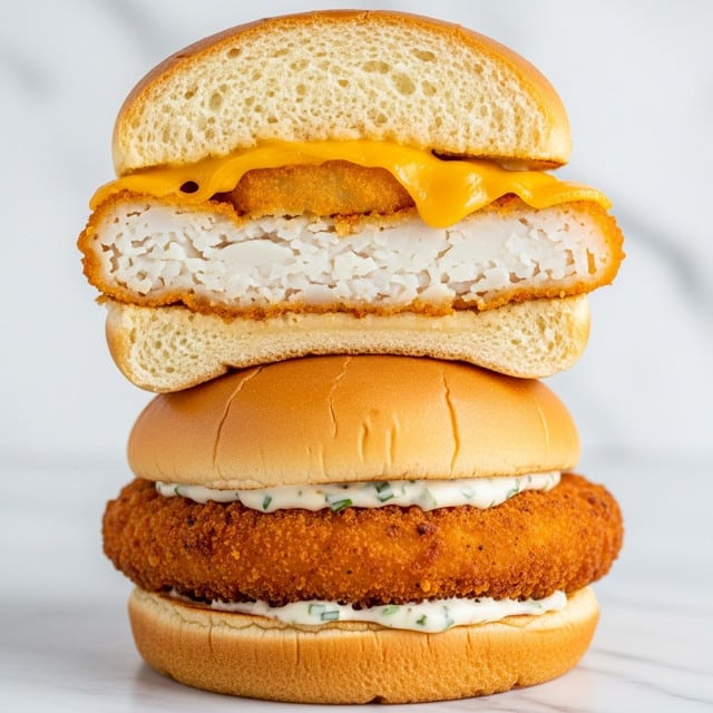 The image shows a close-up view of two sandwiches stacked on top of each other on a white marbled surface. The top sandwich is cut in half to reveal its layers: a light golden toasted bun on top, a thick layer of white flaky fish fillet in the center with melted yellow cheese partially covering the fish, and a thick soft bun bottom layer. The second sandwich below shows a crispy golden breaded chicken patty with a layer of creamy white sauce, all enclosed inside a smooth light golden bun. Photo taken with an iphone --ar 4:5 --v 7