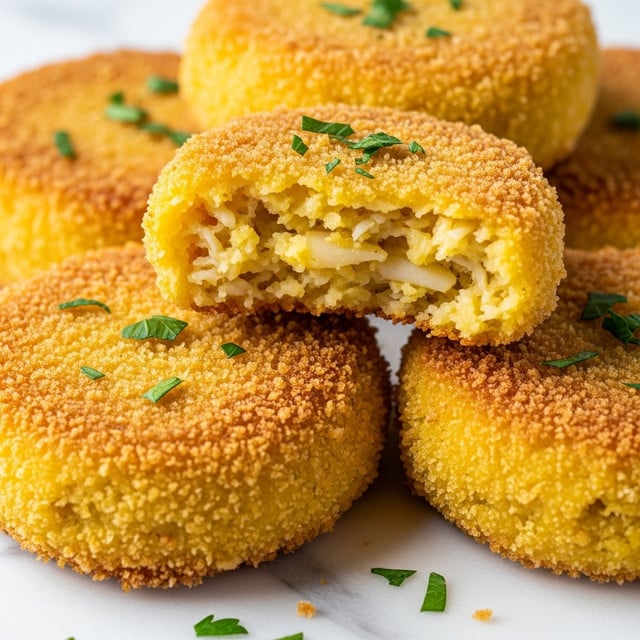 The image shows a close-up of several golden, fried crab cakes stacked on top of each other on a white marbled surface. Each crab cake has a rough, crunchy breadcrumb-coated outer layer with a bright golden-yellow color, and they are topped with small flecks of fresh green parsley scattered across the surface for a touch of color. One crab cake is broken in half, revealing a soft, moist, and slightly crumbly inside with a lighter yellow tone. The texture contrasts between the crispy outside and tender inside are clearly visible. Photo taken with an iphone --ar 4:5 --v 7