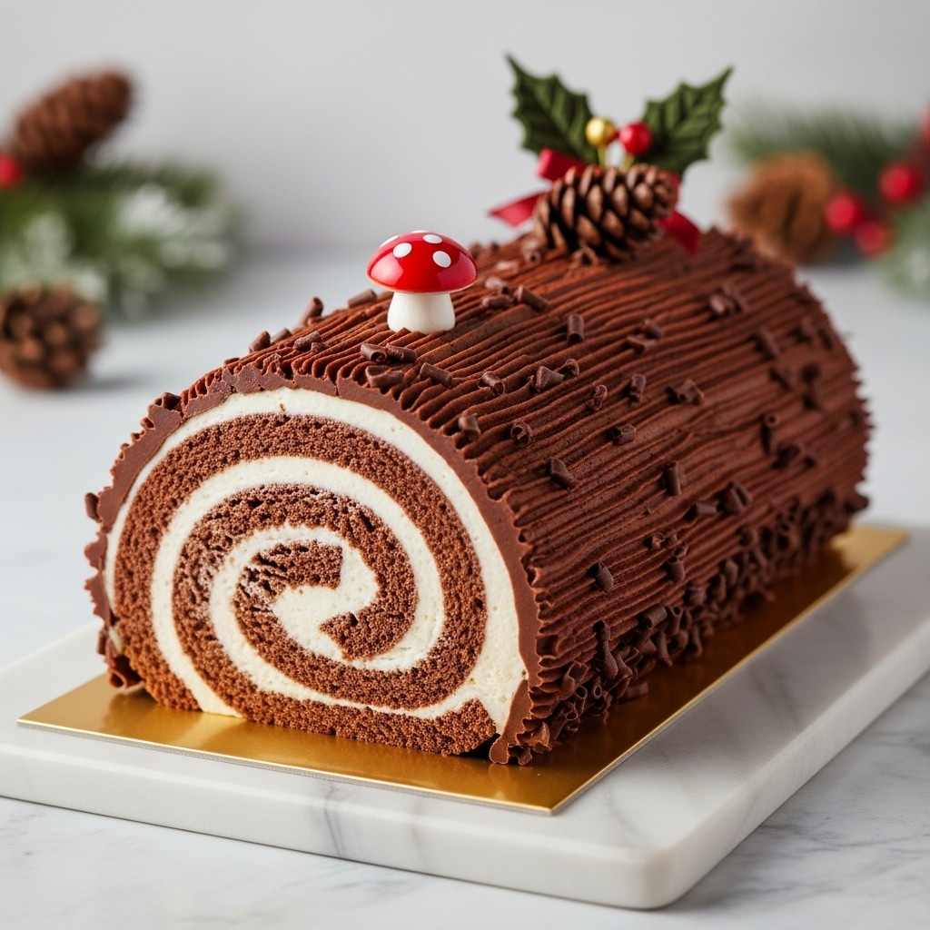 The image shows a chocolate Yule log cake with a spiral pattern inside, consisting of a dark brown chocolate sponge cake rolled with a thick, creamy white filling. The outside is covered in textured chocolate frosting made to look like tree bark, with small chocolate shavings scattered on top. There are two small decorations on top: a red mushroom with white spots and a small pinecone-shaped ornament. The cake sits on a thin, rectangular gold base placed on a white marbled surface, with blurred Christmas-themed decorations in the background. Photo taken with an iphone --ar 4:5 --v 7