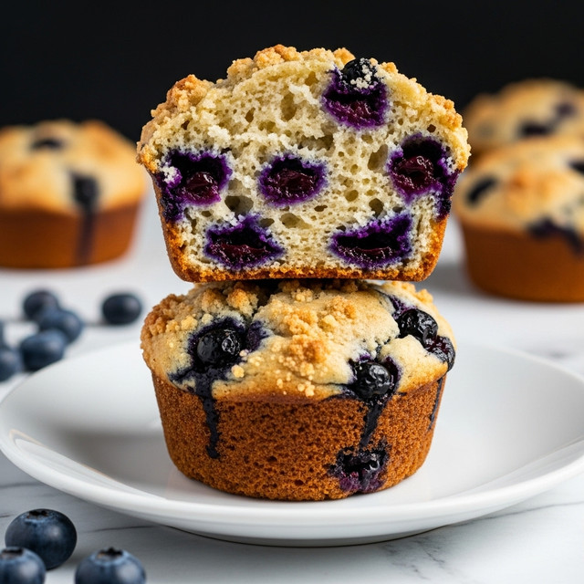 The image shows two thick, soft blueberry muffins stacked on top of each other, placed on a white plate. The muffins have a golden brown top with a slightly crumbly texture and are dotted with deep purple blueberries visible inside and on the surface. The muffin on the top is cut in half, showing a fluffy, light, and moist interior with blueberries spread unevenly through the dough. A few fresh blueberries are scattered near the plate on a white marbled surface, and the background is dark, making the muffins stand out clearly. photo taken with an iphone --ar 4:5 --v 7