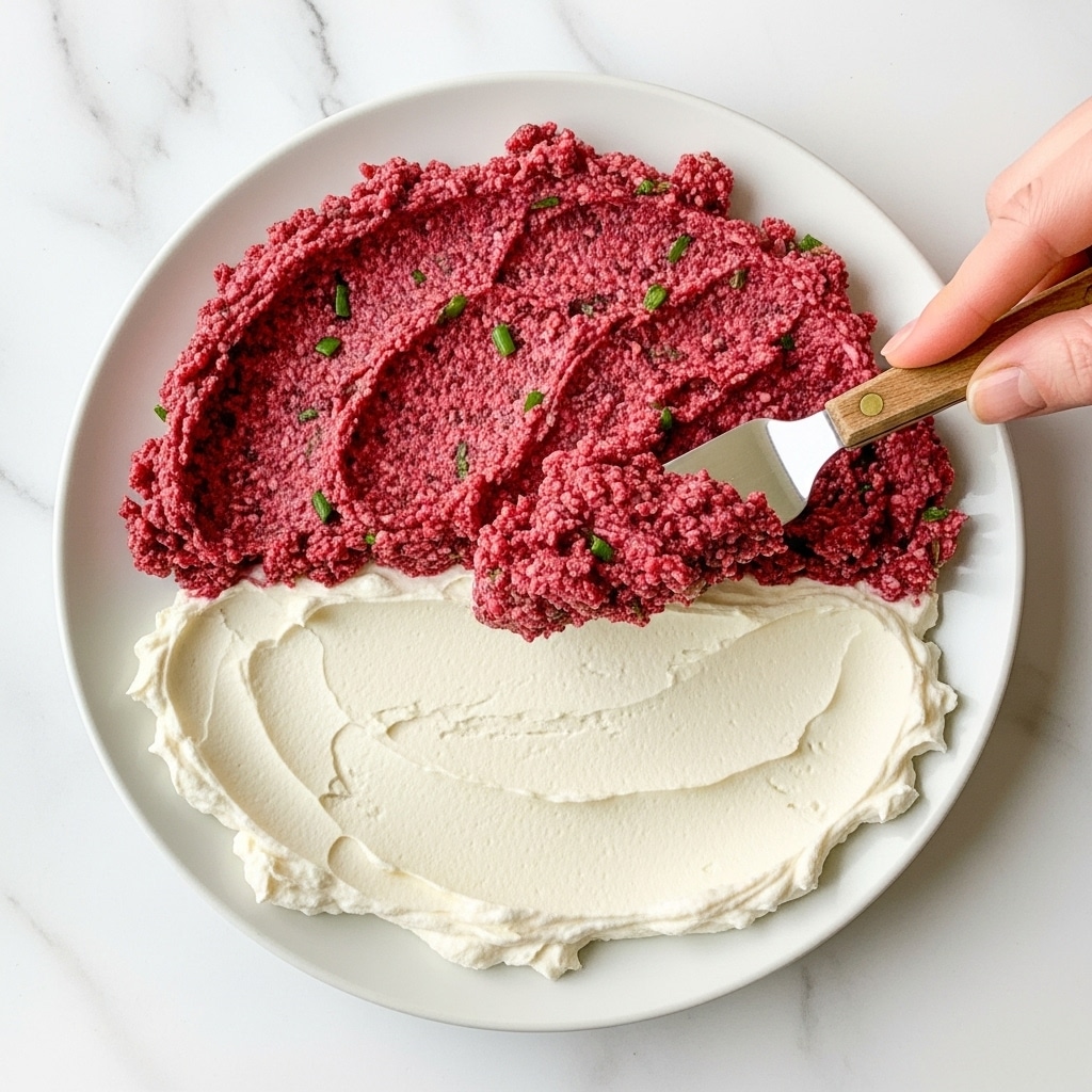 A white plate holds a two-layer spread with visible texture. The bottom layer is creamy white, smooth, and spread evenly across the plate. The top layer is a coarse, finely chopped mix of deep red with green bits mixed in, giving a fresh and vibrant appearance. A woman's hand is using a wooden-handled spreader to lift a portion, showing the clear separation of the creamy base and the colorful topping. The background is a white marbled texture. photo taken with an iphone --ar 4:5 --v 7