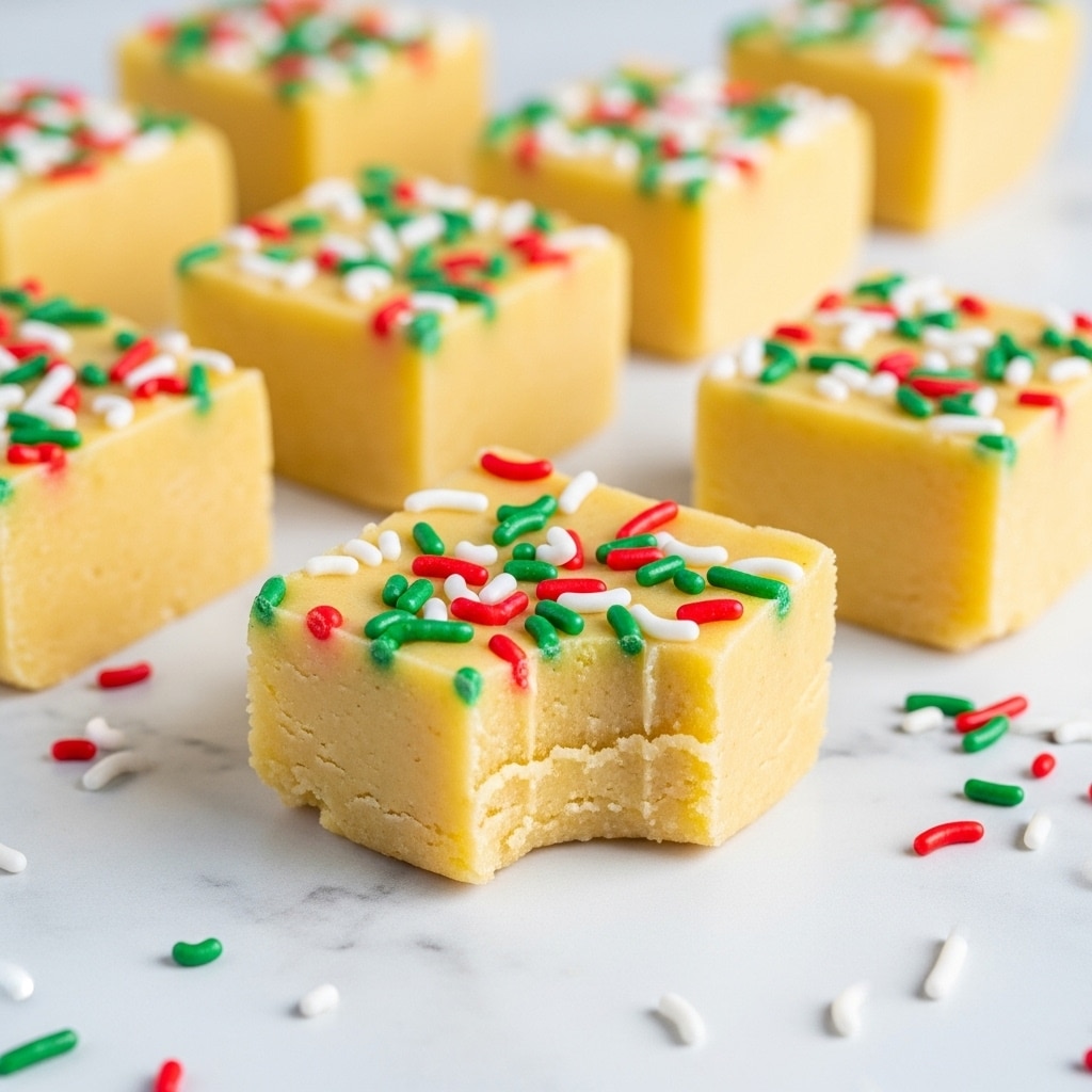 The image shows several square pieces of pale yellow fudge arranged on a white marbled surface, with one piece in the front having a bite taken out of it. Each fudge square is topped with colorful sprinkles in red, green, and white that add a festive look. The fudge has a smooth and slightly creamy texture with a soft, dense appearance. Some sprinkles are scattered around the fudge blocks on the surface, enhancing the bright and cheerful presentation. photo taken with an iphone --ar 4:5 --v 7