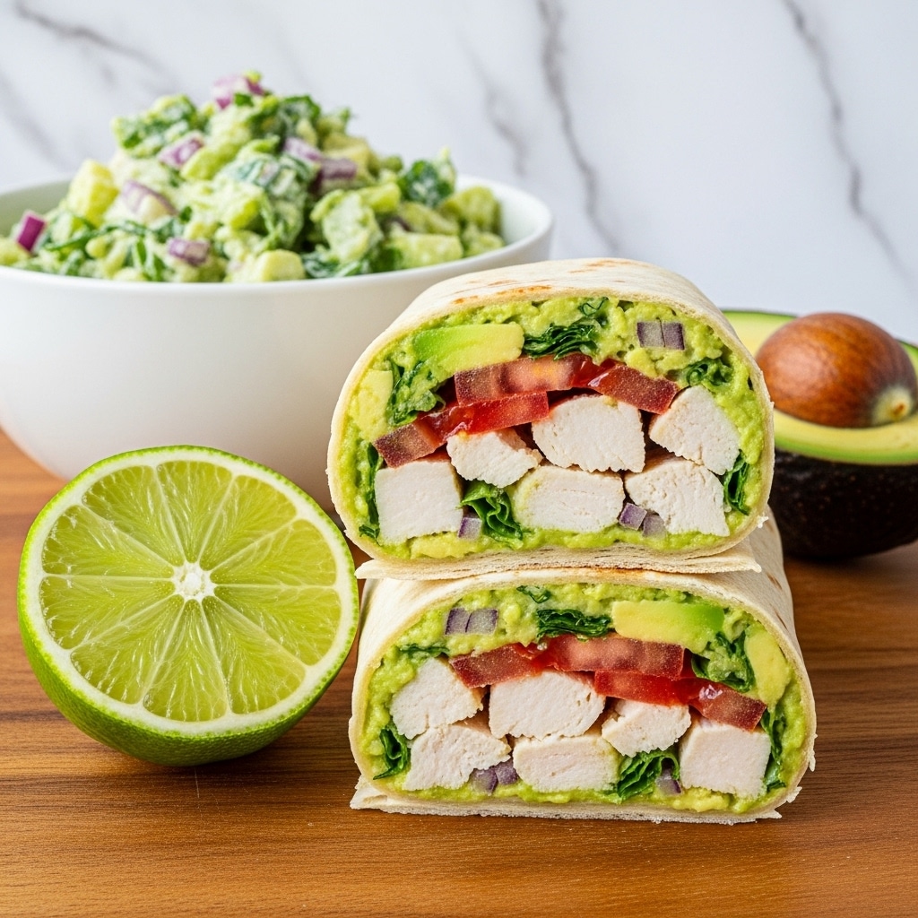The image shows two wraps cut in half, stacked on a wooden board. Each wrap has three visible layers: a light brown soft tortilla outside, followed by a creamy light green avocado spread mixed with small bits of red onion and herbs, and inside pieces of white chicken chunks and red tomato slices. Behind the wraps, there is a white bowl filled with a creamy green salad, textured with visible small chunks and bits of red onion. Next to the wraps, a halved bright green lime and a halved avocado with dark green skin and pale green flesh are placed on the board. The background has a white marbled texture. photo taken with an iphone --ar 4:5 --v 7