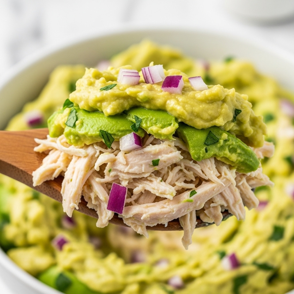 The image shows a close-up of a creamy, chunky mixture on a wooden spoon, containing three visible layers: shredded pale white chicken forming the base layer, mixed with a smooth, light yellow-green creamy layer of avocado, and small pieces of purple-red onion scattered throughout. Bits of green herbs are also visible, adding specks of bright green to the mix. The background reveals more of the mixture in a white bowl against a white marbled surface with soft focus. Photo taken with an iphone --ar 4:5 --v 7