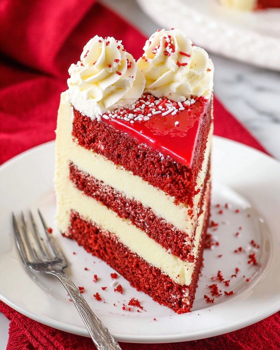 A slice of red velvet cake with three clear layers sits on a white plate with a silver fork beside it. The bottom and top layers are deep red, moist cake with a soft, crumbly texture. The middle layer is a thick, creamy white cheesecake with a smooth surface. Between each layer is a thin layer of white frosting. The top of the slice is covered in shiny red glaze, decorated with two swirls of white cream topped with small red and white sprinkles. The plate rests on a white marbled surface with a red cloth partially visible underneath. Photo taken with an iphone --ar 4:5 --v 7