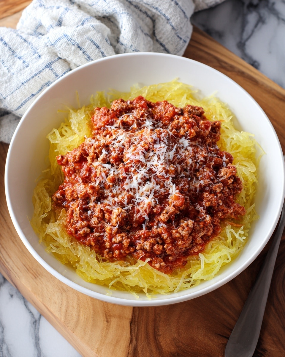 A white bowl filled with two main layers; the bottom layer consists of yellow spaghetti squash strands that look soft and slightly shiny, while the top layer is a generous portion of rich, chunky red meat sauce with visible pieces of ground meat and tomato bits. The meat sauce has a coarse texture and is sprinkled with finely grated white cheese on top. The bowl is placed on a light wooden board, with a white and blue cloth in the background resting on a white marbled surface. Photo taken with an iphone --ar 4:5 --v 7