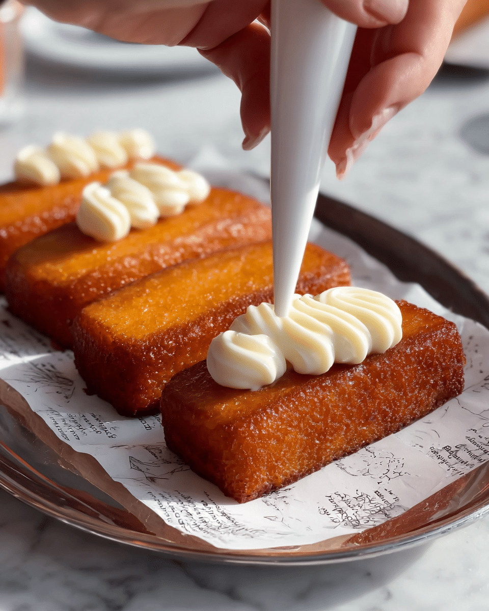 A close-up shot shows four rectangular golden brown, crispy fried cakes placed on white paper with black printed text, resting on a shiny silver tray. A woman's hand holds one cake down while a white piping bag squeezes creamy white frosting in smooth spiral lines over the top of the front cake. The background surface is a white marbled texture. Photo taken with an iphone --ar 4:5 --v 7