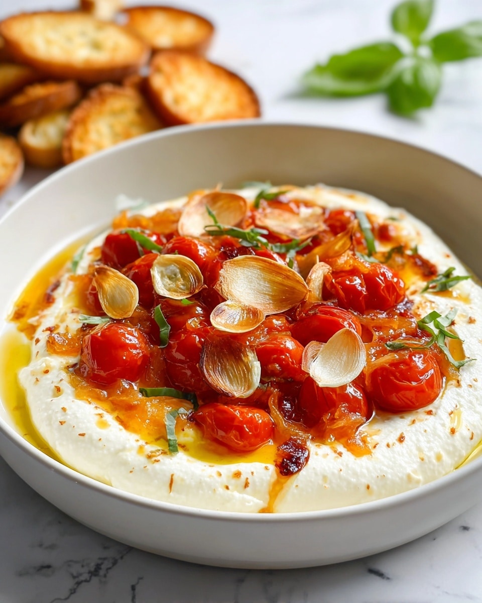 A white bowl holds a dish with three main layers: the bottom layer is soft white creamy cheese spread evenly, the middle layer consists of sautéed translucent onions and shiny red roasted cherry tomatoes, and the top layer is decorated with golden-brown thin garlic slices and small bright green basil leaves scattered around. There is a drizzle of golden oil over the whole dish, creating a slightly glossy texture. In the background, to the upper left, there are some round toasted bread slices on a white marbled texture surface with a few green basil leaves blurred behind them. Photo taken with an iphone --ar 4:5 --v 7