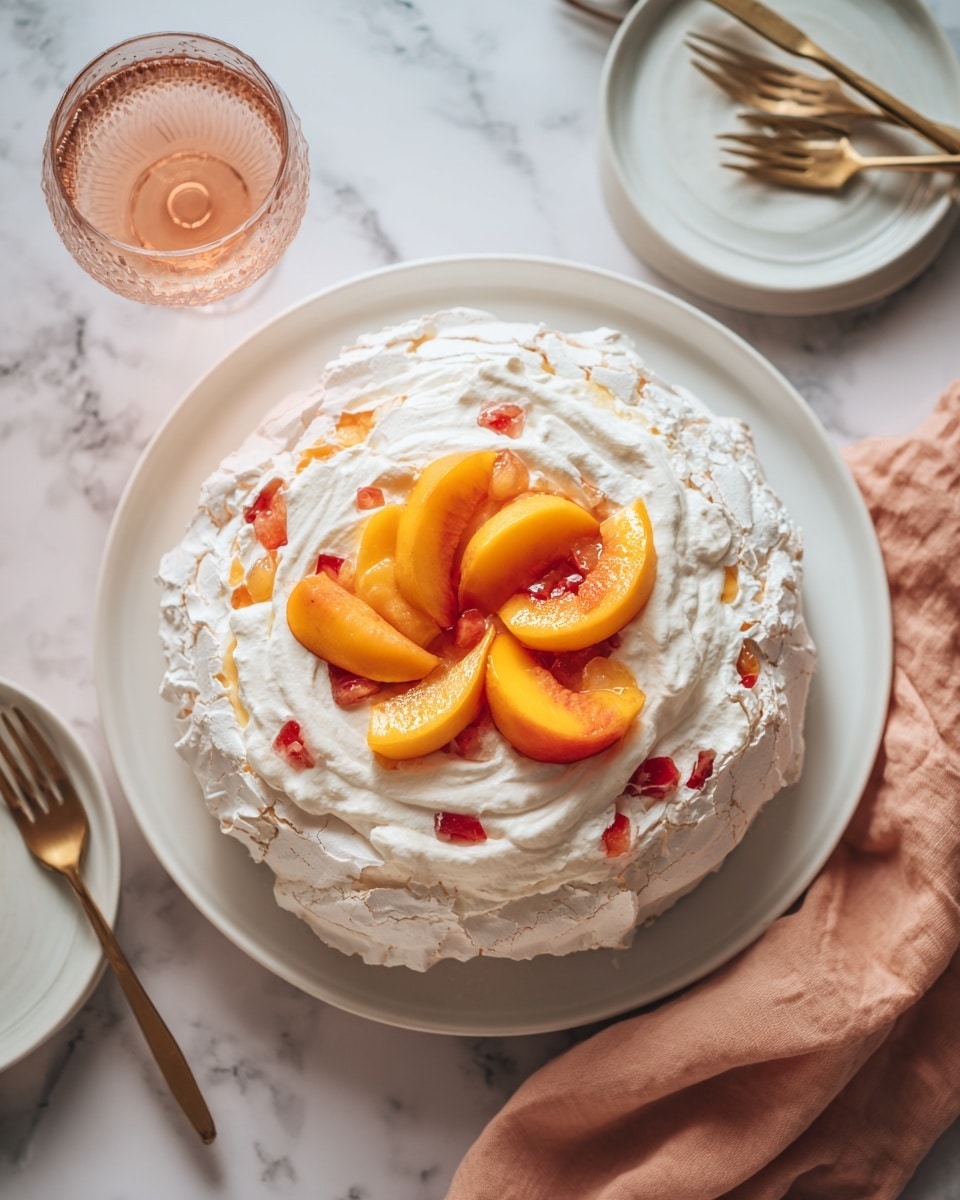The image shows a round pavlova dessert on a white plate, placed on a white marbled surface. The pavlova has two visible layers: a base layer of crisp white meringue with a rough, crackled texture, and a thick layer of smooth white whipped cream spread on top. Mixed into the whipped cream are small pieces of red and orange fruit. Three large bright orange peach slices sit neatly in the center, adding a fresh and colorful touch. Next to the plate is a soft peach-colored cloth napkin and an empty white plate. Two gold forks rest on a small white plate nearby, with a glass of a light pink drink above it. Photo taken with an iphone --ar 4:5 --v 7