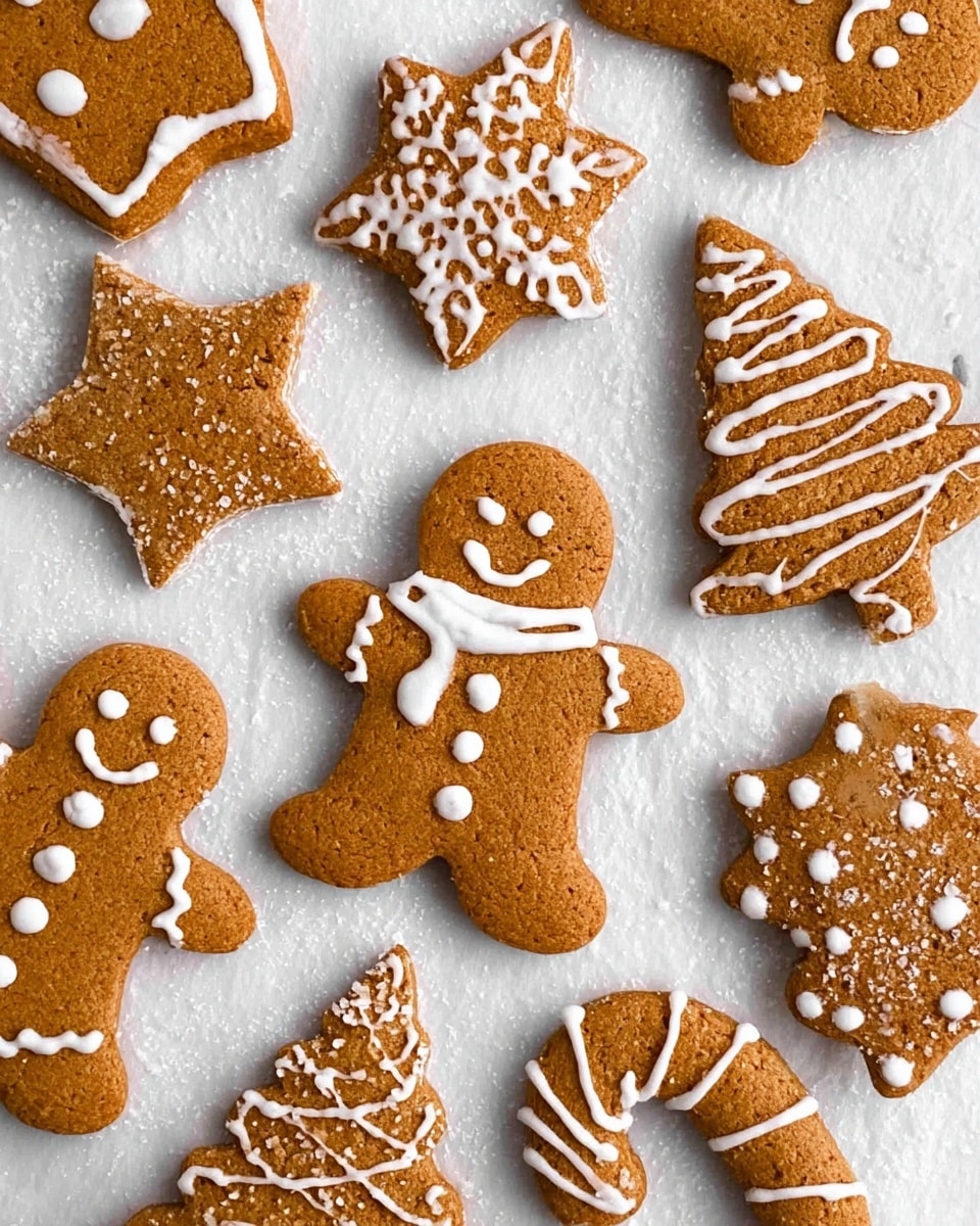 A collection of gingerbread cookies of different shapes including gingerbread men, stars, Christmas trees, and a candy cane, all decorated with white icing in simple patterns such as dots, lines, zigzags, and smiley faces; the cookies are a warm brown color with a slightly rough texture and are laid out on a white marbled textured surface that looks like parchment paper underneath; the gingerbread men have cheerful faces and scarves, and the star-shaped cookies have icing dots and lines on top. photo taken with an iphone --ar 4:5 --v 7