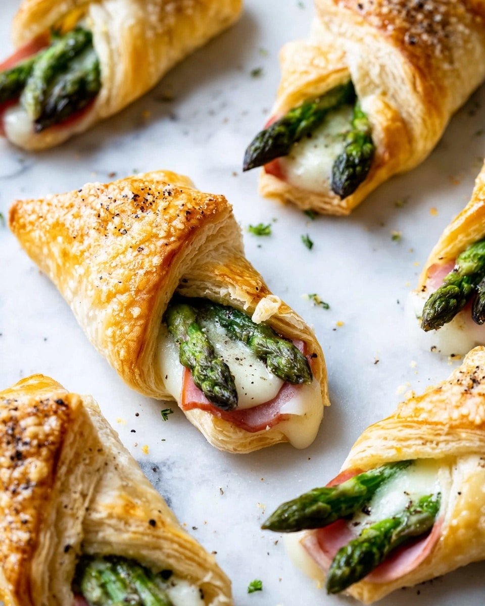 The image shows several small pastries placed on a white marbled surface. Each pastry is a golden-brown puff pastry folded into a diamond shape with a flaky texture. Inside each pastry, there are two or three green asparagus spears standing upright, visible through the open top. Surrounding the asparagus is melted white cheese that looks creamy. Some pastries also have a slice of pink ham beneath the asparagus and cheese. The pastry tops have a light sprinkle of black pepper and coarse salt, adding texture and color contrast. photo taken with an iphone --ar 4:5 --v 7