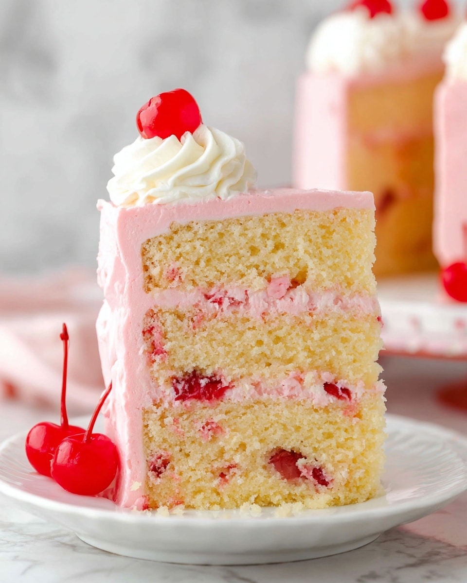 A slice of three-layer yellow cake with pink frosting between each soft, spongy layer, showing small red cherry pieces mixed into the frosting inside. The cake is covered in smooth pink frosting on the outside, topped with a white swirl of cream and a bright red cherry. On the white plate beside the slice, there is another white cream swirl with a red cherry on top. The photo is set on a white marbled surface. Photo taken with an iphone --ar 4:5 --v 7
