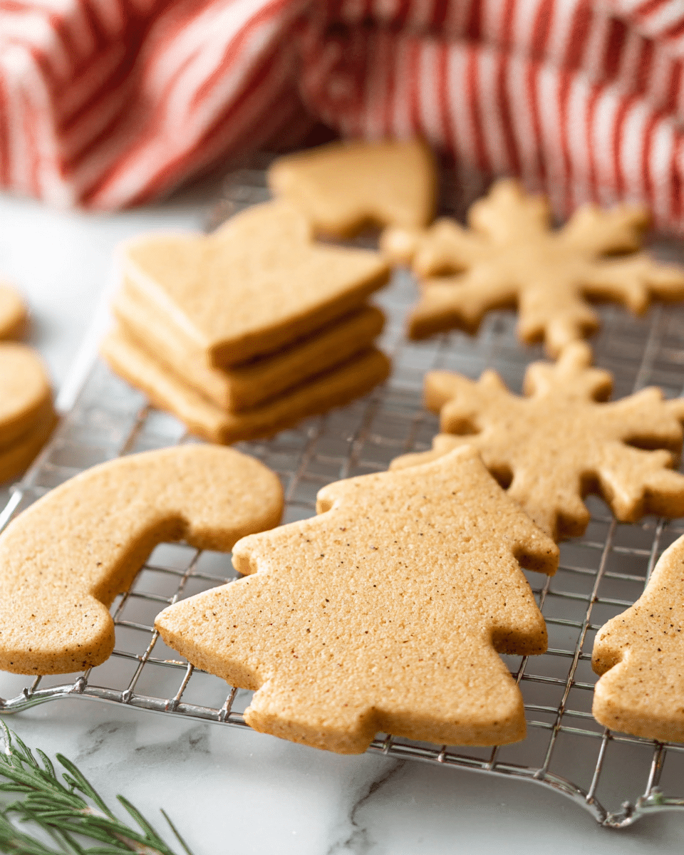 The image shows several light brown cookies in different shapes, including a Christmas tree, snowflakes, candy cane, and bell, placed on a silver cooling rack over a white marbled surface. The cookies have a smooth texture with tiny specks, suggesting spices, and appear thick and soft. In the background, more cookies are scattered, along with a blurred red and white striped cloth adding a cozy touch. Small green rosemary sprigs are also scattered near the cookies. photo taken with an iphone --ar 4:5 --v 7