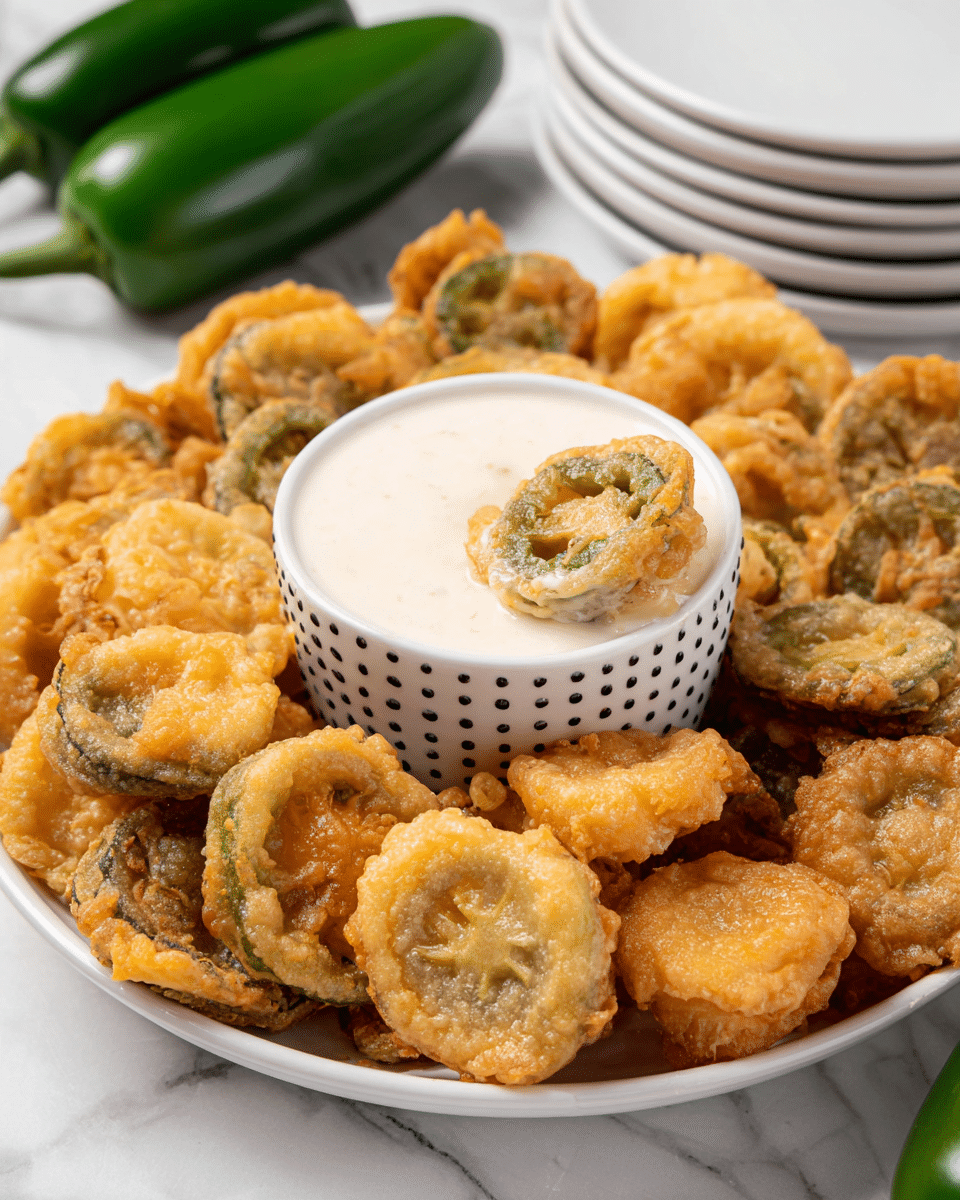 A white plate is filled with many golden-brown fried jalapeño slices that have a crispy texture. In the center of the plate, there is a small white bowl with black dots containing a creamy white dipping sauce. One fried jalapeño slice is dipped halfway into the sauce, showing some sauce on its edge. Behind the plate, three whole fresh green jalapeños lie on a white marbled surface, and a stack of white plates is partially visible in the background. photo taken with an iphone --ar 4:5 --v 7