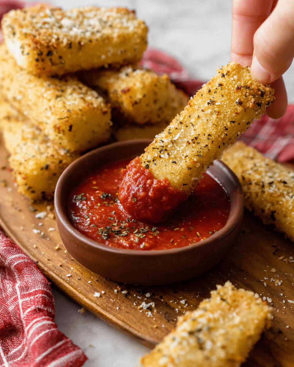 The image shows a close-up of a golden-brown breaded mozzarella stick being dipped into a small brown bowl filled with rich red marinara sauce. The mozzarella stick is coated with a light sprinkle of herbs and breadcrumbs, giving it a rough texture. The bowl sits on a wooden board, which also holds several other mozzarella sticks stacked behind the dipping one. In the foreground, there is a piece of mozzarella stick resting on the white marbled surface next to a red and white striped cloth. A woman's hand is holding the mozzarella stick, partially visible from the top right corner. The scene is bright and warm, focusing on the crispy texture and vibrant colors of the cheese stick and sauce. photo taken with an iphone --ar 4:5 --v 7