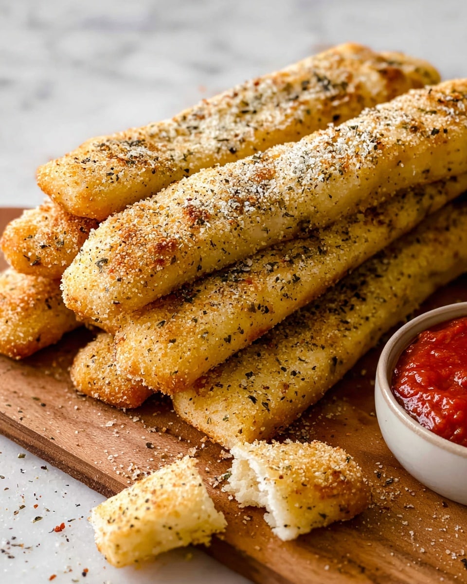 The image shows a stack of golden-brown breadsticks coated with a layer of finely grated cheese and sprinkled with black pepper and herbs. There are about six breadsticks visible, arranged unevenly and overlapping each other on a wooden board. The texture of the breadsticks looks slightly crispy on the outside, with a soft interior shown by a broken piece in the front. To the right side, there is a small round bowl filled with red marinara sauce, partially visible. The background surface is a white marbled texture. Photo taken with an iphone --ar 4:5 --v 7