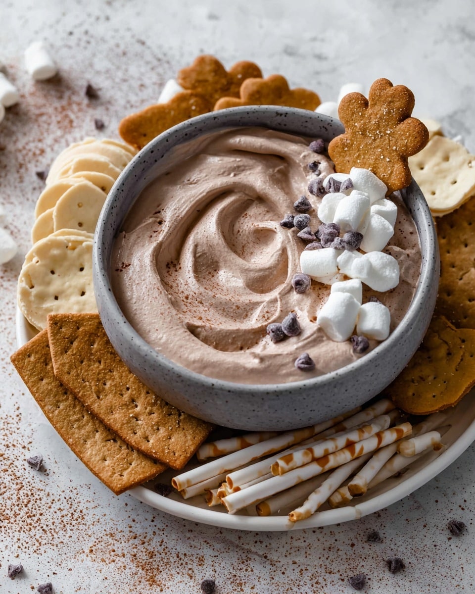 A grey bowl filled with smooth light brown chocolate mousse, swirled on top and decorated with small white marshmallows, tiny dark chocolate chips, and a single flower-shaped gingerbread cookie placed near the center. The bowl is placed on a large white plate scatter-arranged with broken rectangular graham crackers, light beige round wafer cookies, and long cream-colored rolled wafer sticks with brown stripes. The background is a white marbled texture with a slight dusting of cocoa powder. photo taken with an iphone --ar 4:5 --v 7