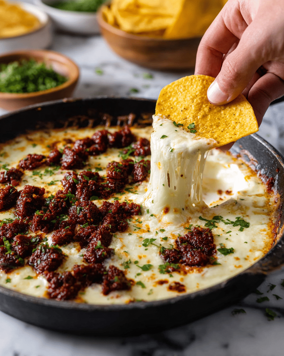 A shallow black pan filled with a smooth, melted white cheese base that has a slightly bubbly texture on the edges, topped with a layer of dark reddish-brown, crumbly chorizo sausage pieces unevenly spread across the cheese. Small green chopped cilantro sprinkles are scattered over the top, adding a fresh contrast. A woman's hand is lifting a folded golden-yellow corn tortilla from the pan, pulling up gooey, stretchy cheese that clings to the tortilla. The background shows a white marbled surface with some scattered green herbs and other bowls blurred out. photo taken with an iphone --ar 4:5 --v 7