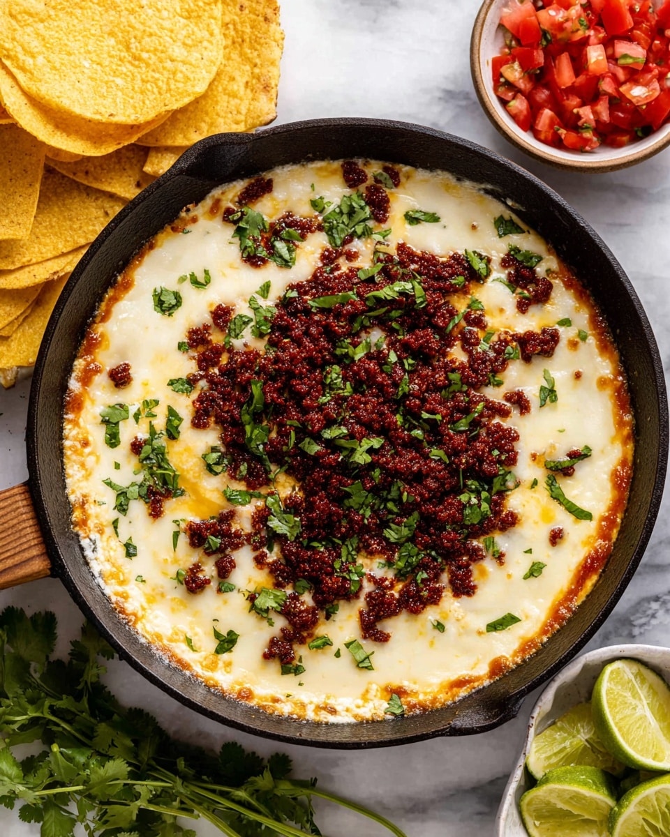 A black skillet holds a melted cheese dip with a smooth, creamy white and light yellow base layer that covers the whole pan, with browned cheese edges forming a golden crust around the sides. On top of this layer, there is a central pile of dark red, finely crumbled chorizo, scattered unevenly but covering most of the middle. Bright green chopped cilantro is sprinkled over the cheese and chorizo, adding a fresh color contrast. Around the skillet, there are golden toasted tortillas stacked on the left, fresh green cilantro sprigs on the white marbled surface, a small bowl of diced red tomatoes at the top, and a white bowl filled with lime wedges on the right. Photo taken with an iphone --ar 4:5 --v 7