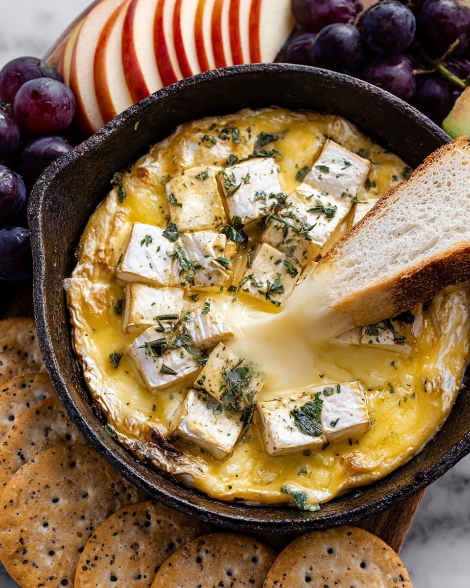 A round cast iron skillet contains a baked cheese dish with two layers: the bottom layer is melted, creamy yellow cheese, while the top layer is white brie cheese cut into small squares that reveal soft, gooey cheese beneath. The brie is sprinkled with green herbs and small bits of seasonings. On the right side of the skillet, a white slice of bread is dipped into the melted cheese, pulling up stretchy, melted cheese strands. Around the skillet, there are light brown crackers with seeds, dark purple grapes, red apple slices, and more white bread slices resting on a white marbled surface. Photo taken with an iphone --ar 4:5 --v 7