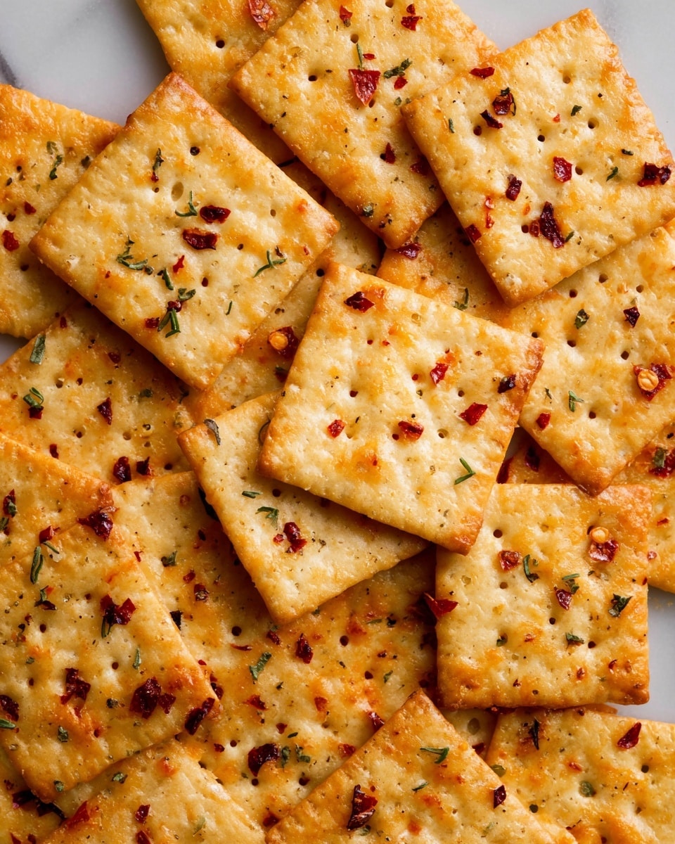 A close-up view of a pile of square crackers, each cracker lightly golden brown with a slightly crispy texture. The crackers are sprinkled evenly with small flakes of red chili pepper and tiny green herb bits, adding color contrast. The surface of each cracker shows small perforated holes in a regular pattern, and there are patches of baked cheese creating slight orange spots scattered across the crackers. They lie scattered casually on a white marbled surface. photo taken with an iphone --ar 4:5 --v 7