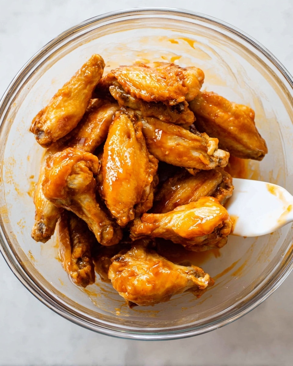 A clear glass bowl filled with around fifteen chicken wings coated in a shiny orange sauce, making them look juicy and sticky. The wings are a mix of drumettes and flats, all covered evenly with the sauce, sitting closely together in the bowl. A white spatula is partially visible under some wings on the right side, slightly stained with the same orange sauce. The bowl is placed on a white marbled surface, creating a clean and bright setting. photo taken with an iphone --ar 4:5 --v 7