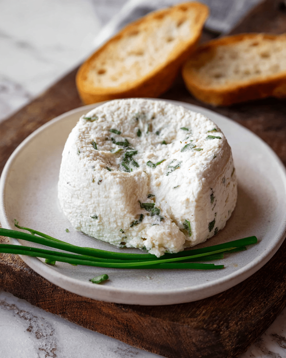 A round, soft white cheese with small green herb bits mixed inside, sitting on a shallow white plate, the cheese surface textured and slightly crumbly with an indentation on one side. The plate is placed on a rough wooden board, next to two toasted lightly browned bread slices and three fresh green chive stalks lying parallel to each other. The background has a white marbled texture softly blurred into the distance. Photo taken with an iphone --ar 4:5 --v 7