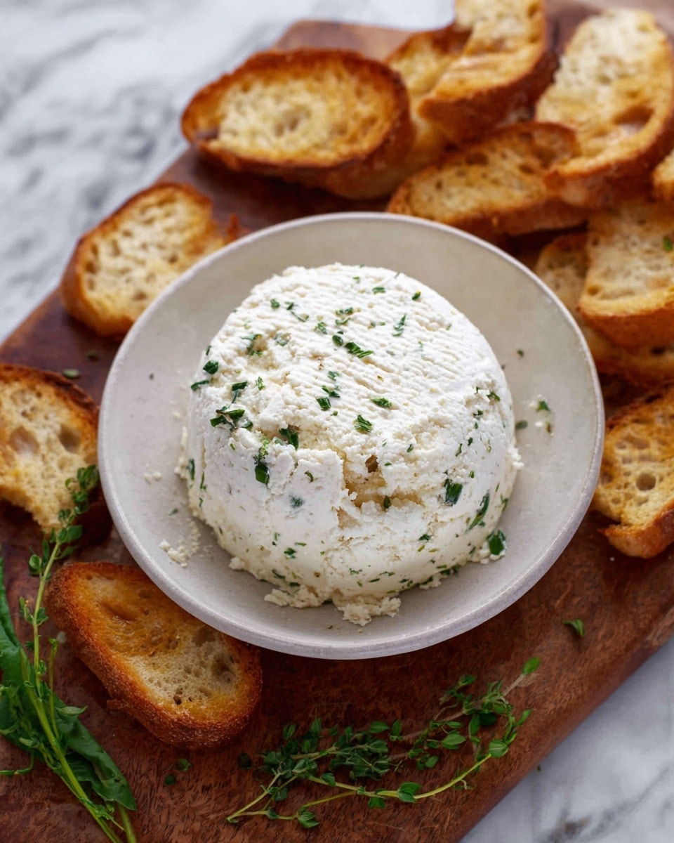 A round mound of white cheese with small green herbs mixed in sits in the center of a shallow white bowl. The cheese has a soft, slightly creamy texture with visible tiny holes and uneven swirls on its surface. The bowl rests on a rough wooden board, which holds several pieces of golden-brown toasted bread with crispy edges scattered around it. Fresh green herbs lie near the bowl on the board, all set on a white marbled surface in the background. photo taken with an iphone --ar 4:5 --v 7