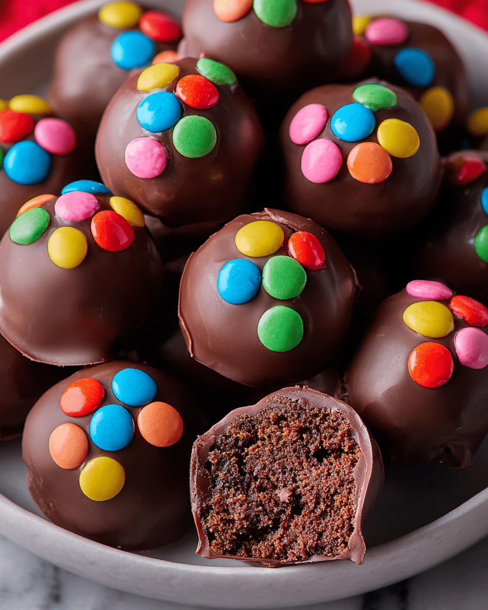 The image shows a group of round chocolate truffles placed on a large white plate with a white marbled surface underneath. Each truffle is covered in smooth, shiny dark chocolate and topped with a small cluster of colorful, round candy pieces in bright colors like blue, pink, orange, green, yellow, and red. One truffle is cut in half, showing a rich, dense, dark brown chocolate cake inside with a slightly crumbly texture. The truffles are tightly arranged, filling the plate with a mix of whole and cut pieces, and the bright candy contrasts vividly with the dark chocolate shells. Photo taken with an iphone --ar 4:5 --v 7