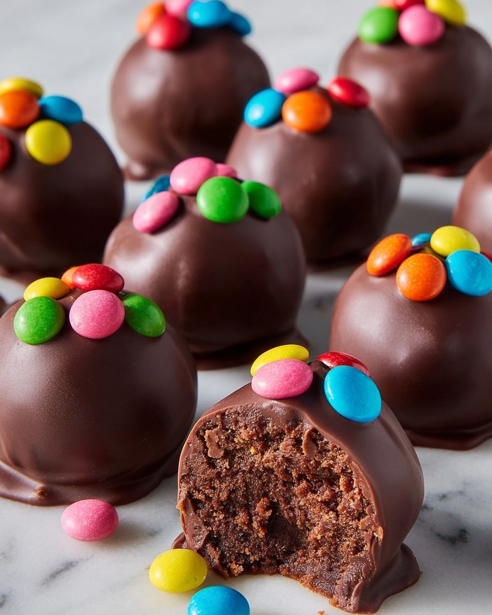 The image shows nine smooth, round chocolate balls arranged closely on a white marbled surface. Each ball is evenly coated in dark chocolate, with a glossy finish and a slight drip at the base. On top of every chocolate ball is a small cluster of colorful candy-coated pieces in bright pink, green, blue, red, orange, and yellow. One chocolate ball in the front center is cut open, revealing a rich, moist dark brown cake layer inside with a dense texture. Some colorful candies are also scattered around the base of the balls on the white marbled surface. photo taken with an iphone --ar 4:5 --v 7