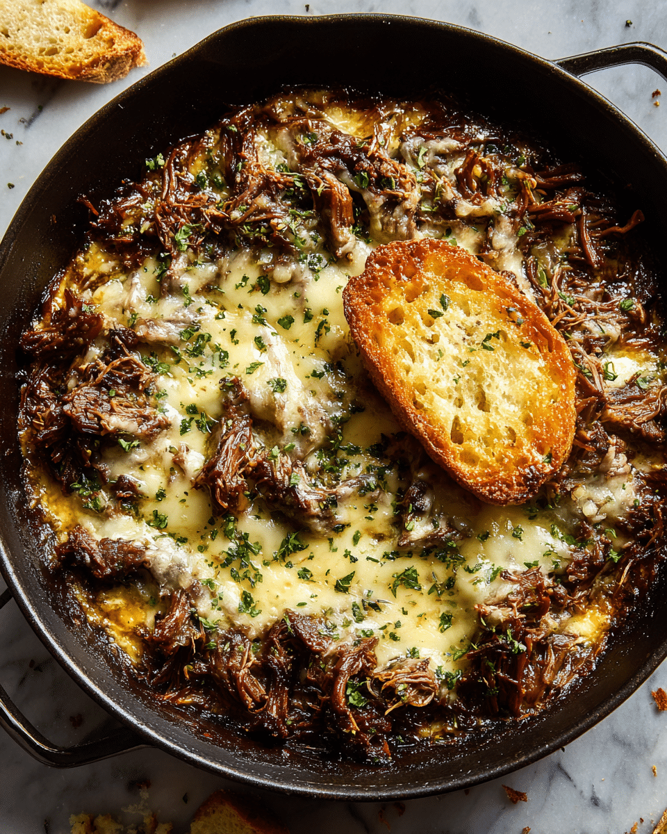A black cast iron skillet filled with dark brown, tender shredded meat spread evenly as the first layer across the pan. On top, melted yellowish-white cheese covers most of the meat, creating a creamy texture with some browned edges. Sprinkled green herbs add a fresh appearance over the cheese. A single piece of toasted bread with a golden crust and a porous light interior rests on top near the center. The skillet is placed on a white marbled surface with scattered crumbs nearby. photo taken with an iphone --ar 4:5 --v 7