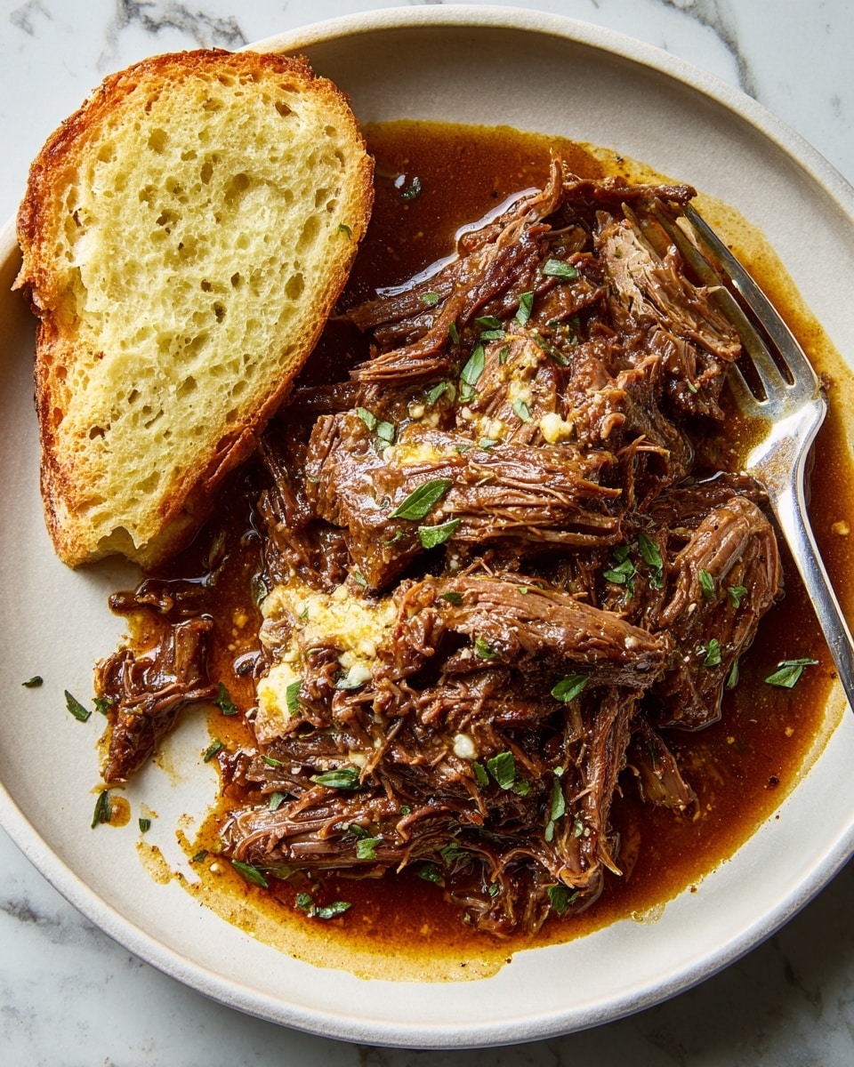 A white plate with shredded, tender beef covered in a glossy brown sauce sits in the center, sprinkled with small green herb leaves. On the left side of the plate, there is a slice of toasted bread with a golden crust and visible porous texture. A silver fork rests on the right edge of the plate, partially touching the sauce and beef. The background shows a white marbled texture. photo taken with an iphone --ar 4:5 --v 7