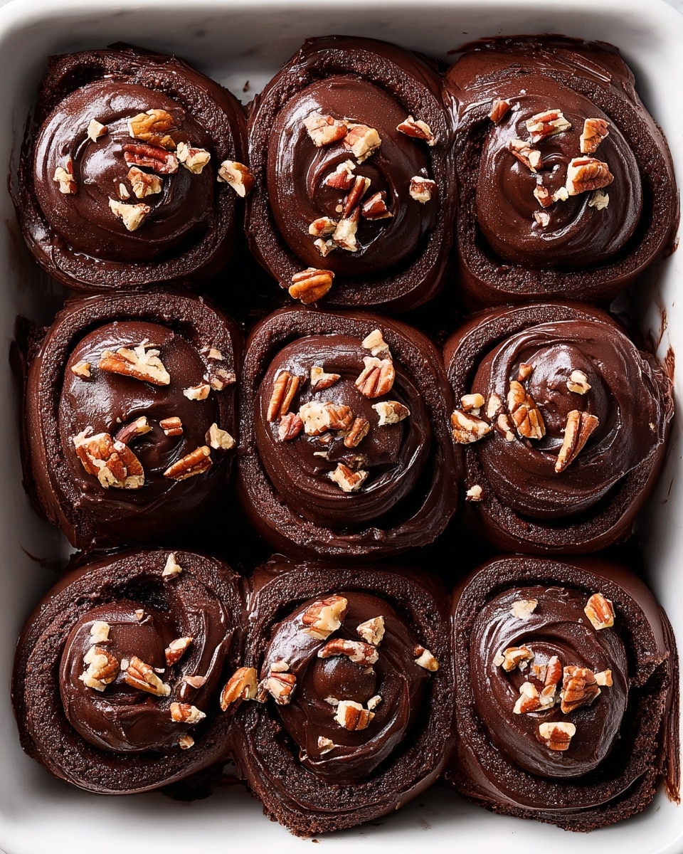 A close-up view of nine chocolate cinnamon rolls arranged tightly in a white baking dish, each roll showing multiple swirled layers of dark brown dough with a rich, glossy layer of smooth dark chocolate frosting spread on top. Small pieces of chopped pecans are scattered unevenly across the frosting on each roll, adding texture and a lighter brown color contrast. The edges of the rolls are slightly risen and darker, showing a baked, slightly crisp surface. The background has a white marbled texture that contrasts with the dark desserts. Photo taken with an iphone --ar 4:5 --v 7